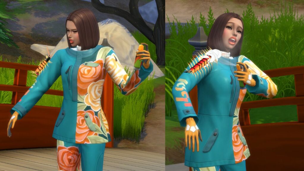 A screenshot from the sims 4 of a sim getting attacked by a bug