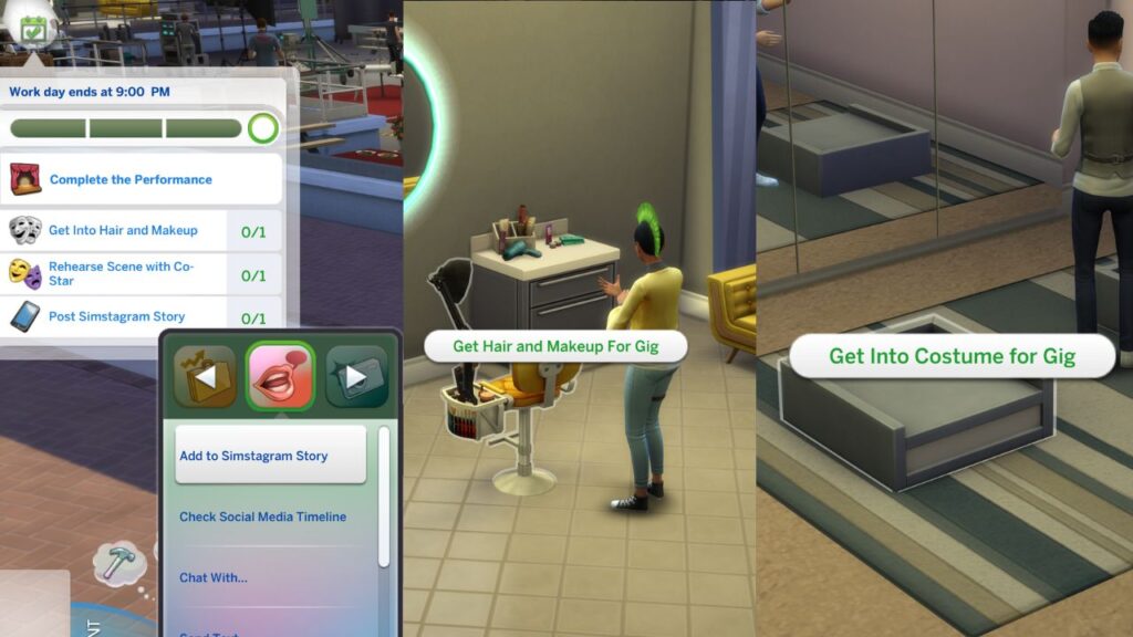 A screenshot from The Sims 4 showing how to get into hair and make up for a TV acting gig to get gold