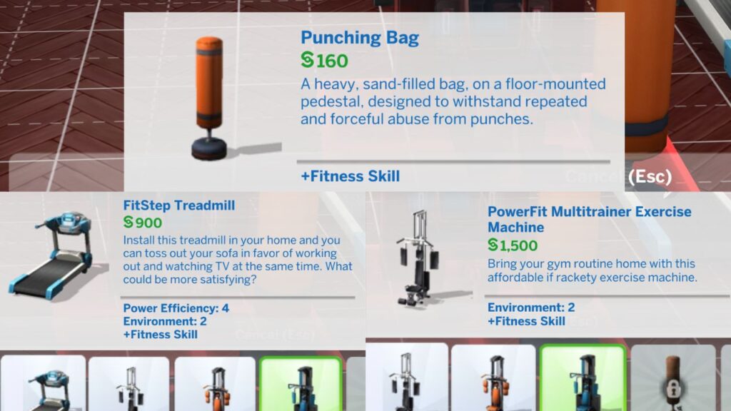 A screenshot from The Sims 4 showing the different workout equipment you can purchase