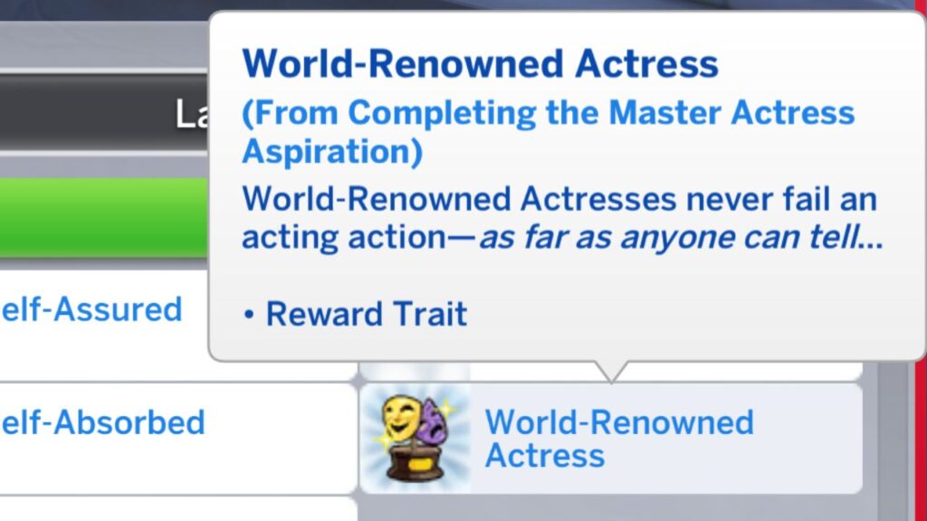 A screenshot from The Sims 4 showing the world-renowned actress reward trait 