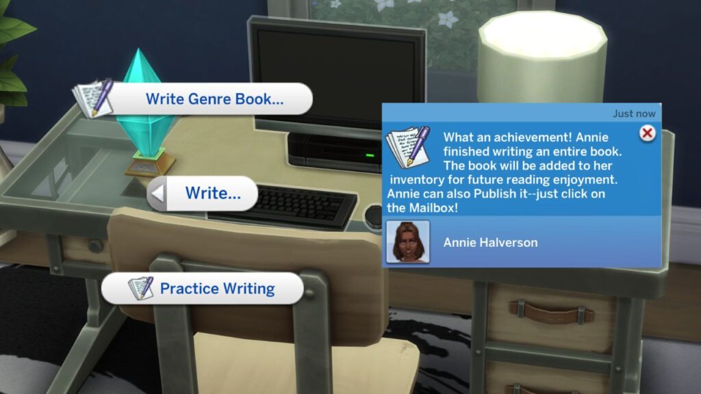 A screenshot from The Sims 4 showing how to write a book.