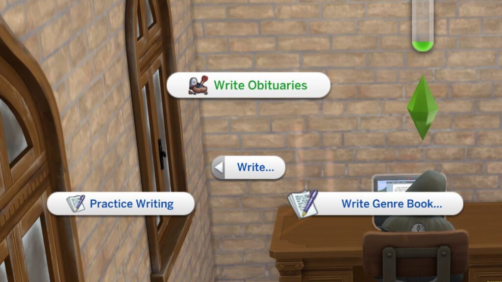 A screenshot from The Sims 4 showing the option to write obituaries on the computer