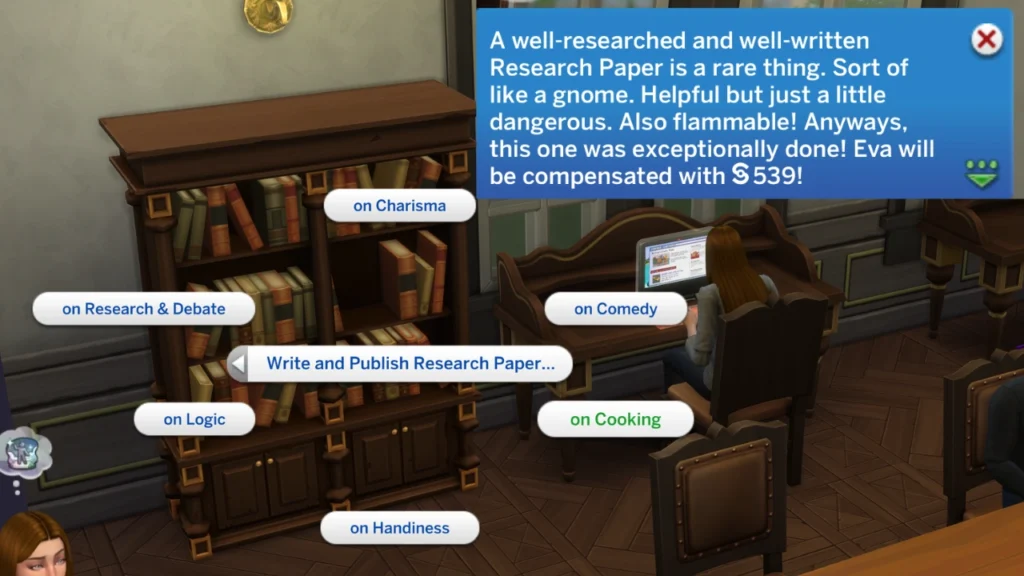 A screenshot from The Sims 4 showing the option to write and publish a research paper, and the notification you get when completing it