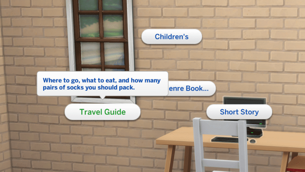 A screenshot from The Sims 4 showing the option to write a travel guide on the computer 