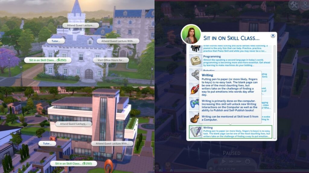 A screenshot from the sims 4 showing a sim to take a skill class on writing 