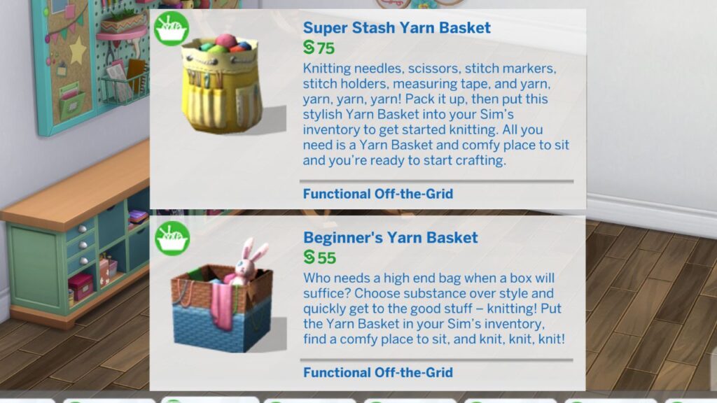 A screenshot from The Sims 4 showing the types of yarn baskets you can purchase