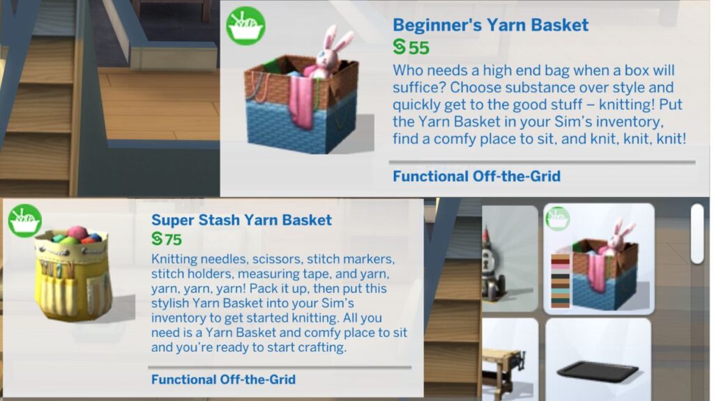 A screenshot showing all the options for knitting baskets in sims