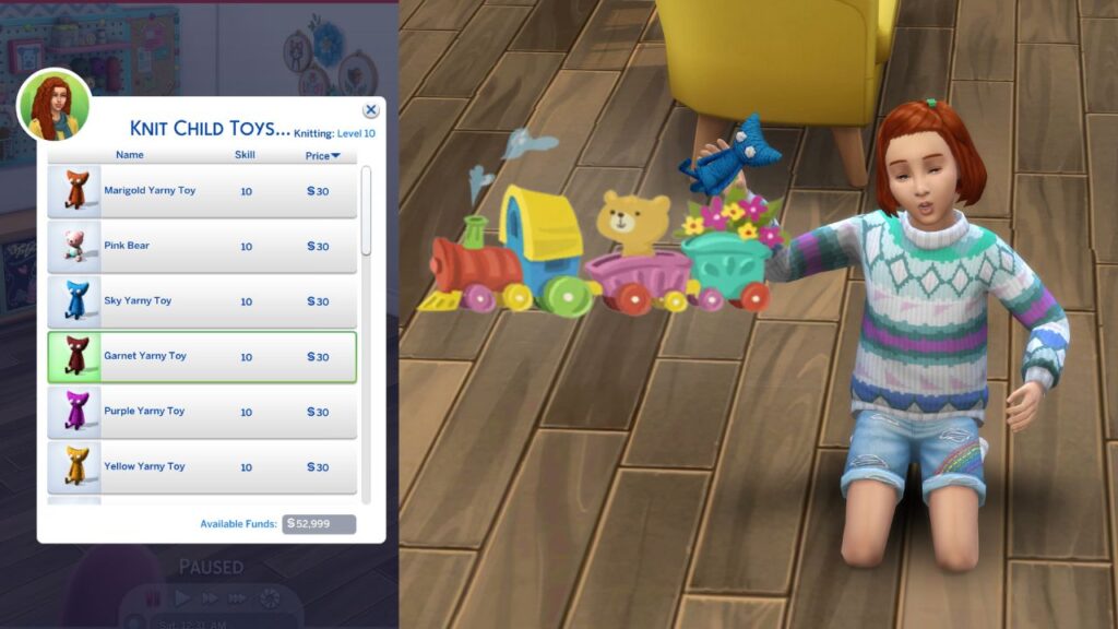 A screenshot from The Sims 4 showing  the options for knitting Yarny and a sim playing with it
