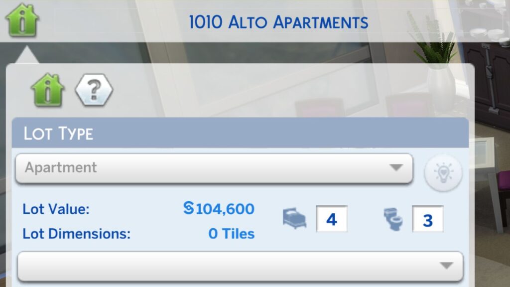 A screenshot from The Sims 4 showing an apartment over 100,000 simoleons