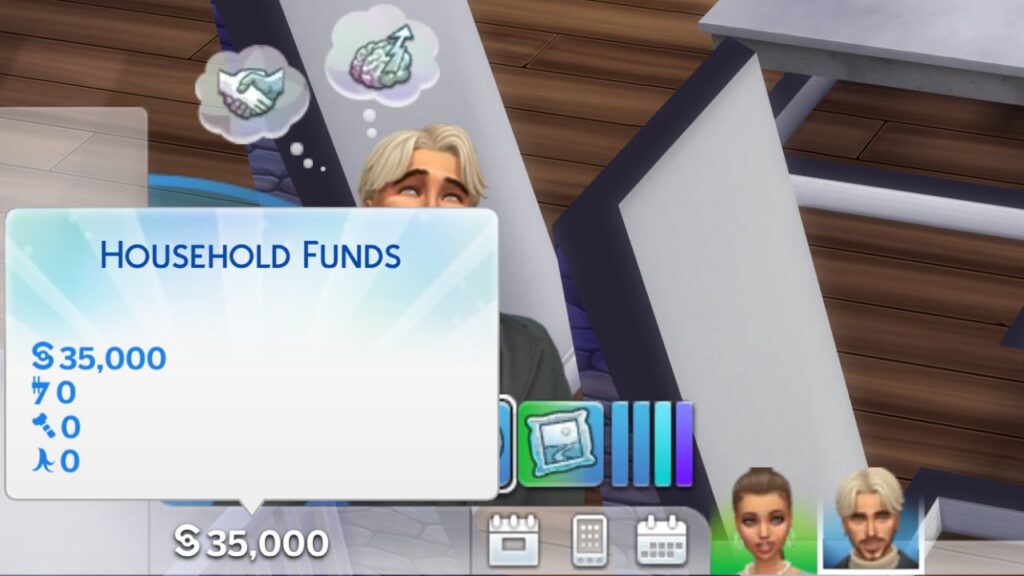 A screenshot from The Sims 4 showing a household with 35000 in reserve