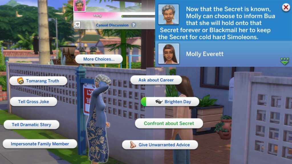 A screenshot from The Sims 4 showing how you can confront a sim about their secret
