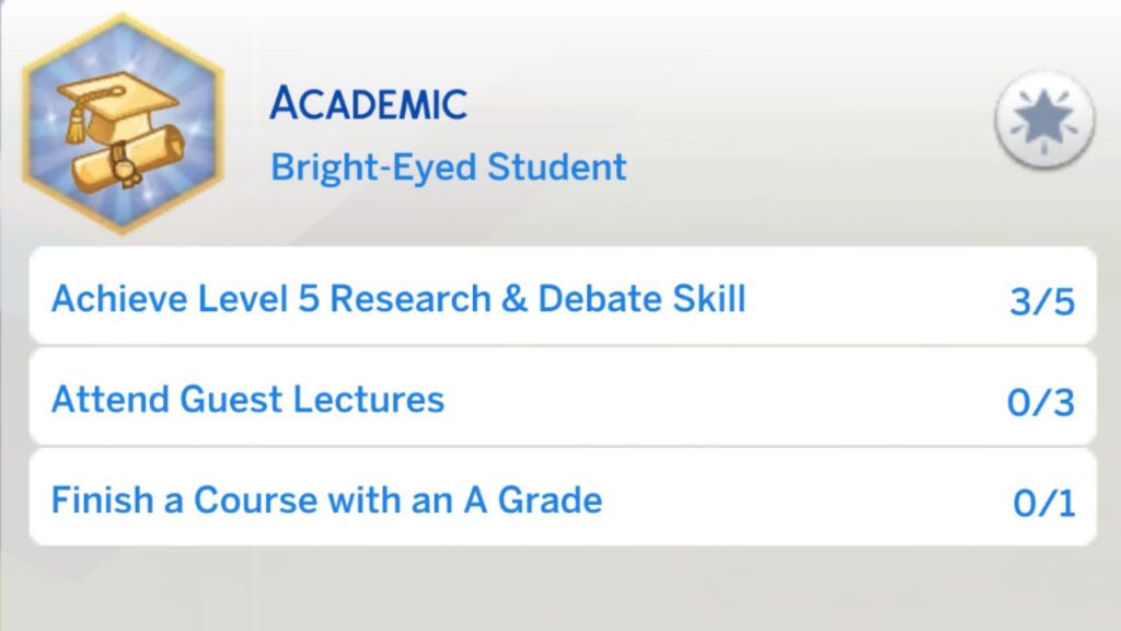 A screenshot from The Sims 4 showing the second stage of the academic aspiration