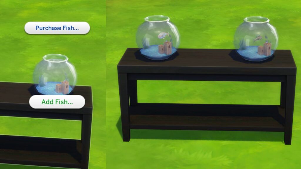 A screenshot from The Sims 4 showing how to put a fish in a fish bowl