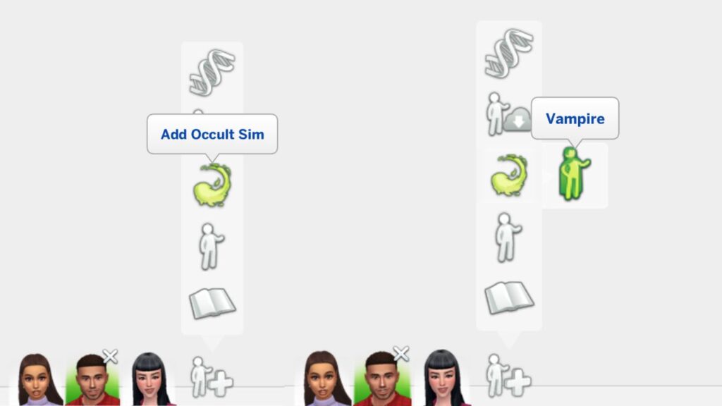 A screenshot from The Sims 4 showing how to create a vampire in create-a-sim 