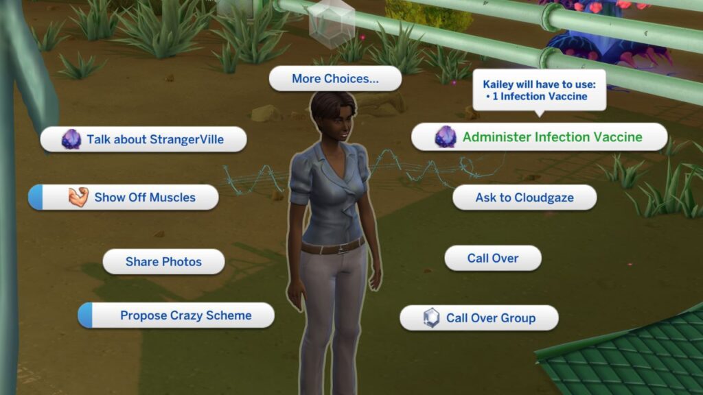 A screenshot from The Sims 4 showing how to administer the infection vaccine