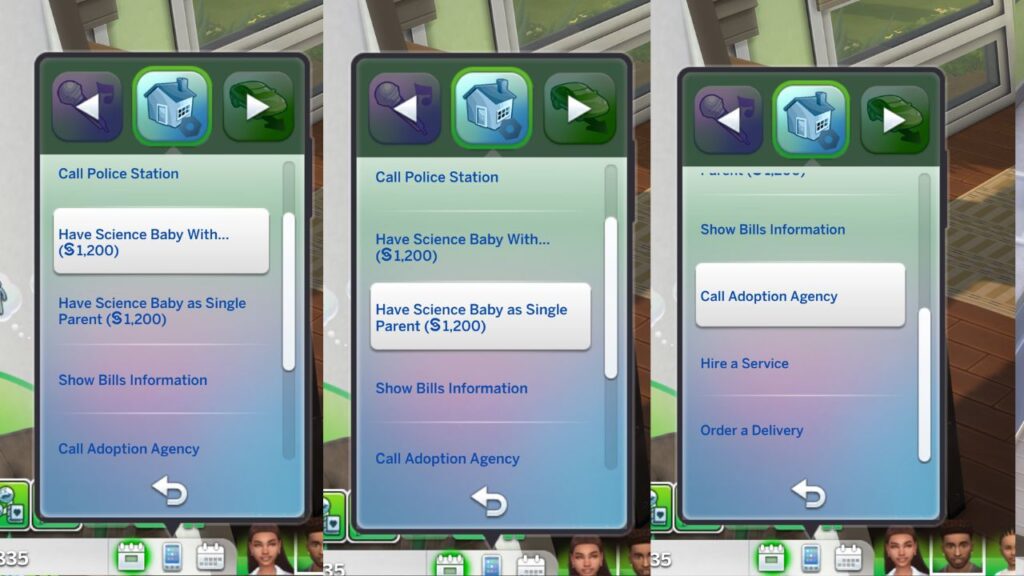 A screenshot from the sims 4 showing the phone options to have a baby