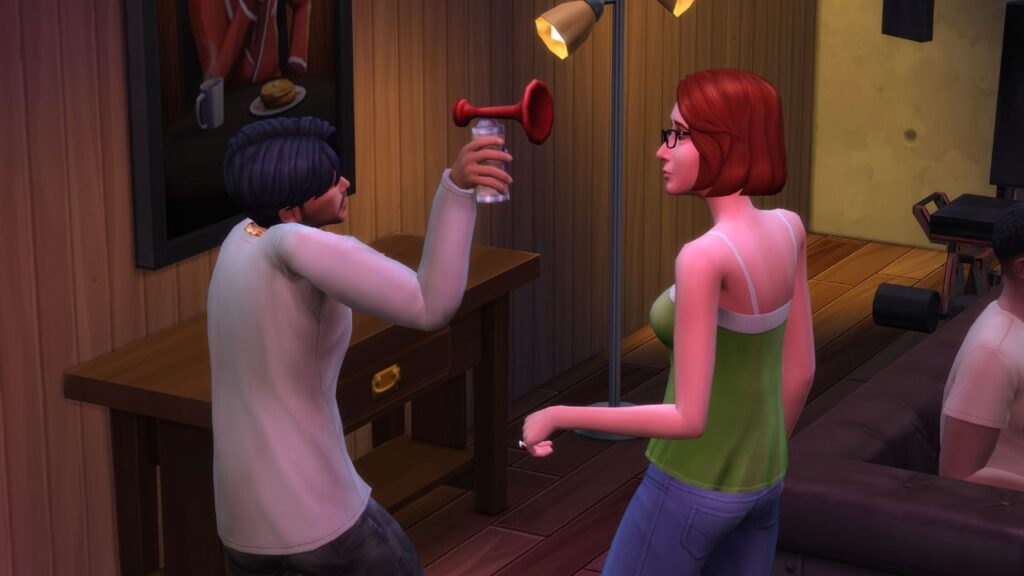 A screenshot from The Sims 4 showing a sim using an air horn on Eliza Pancakes.