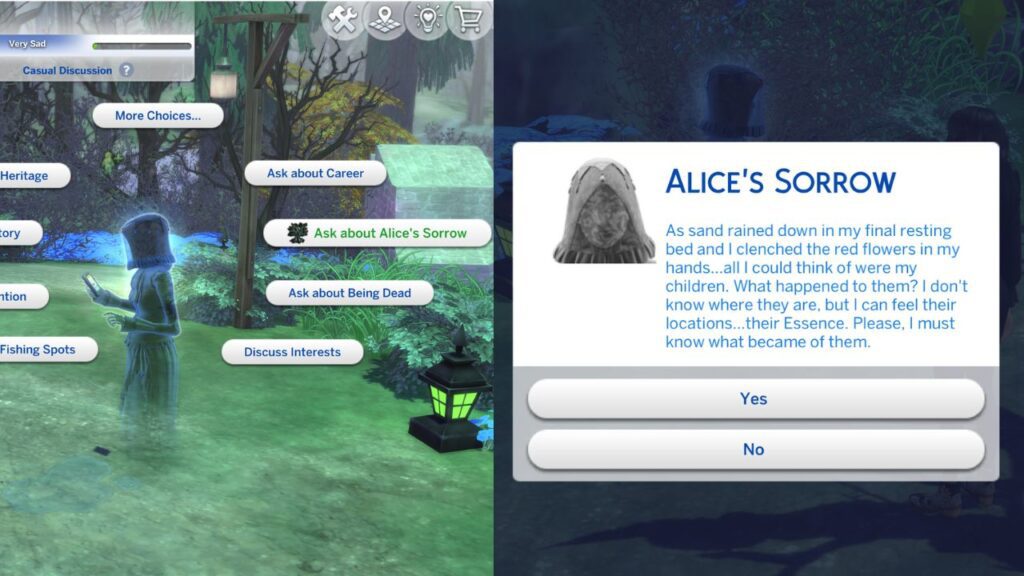 A screenshot from The Sims 4 showing alice's sorrow mission