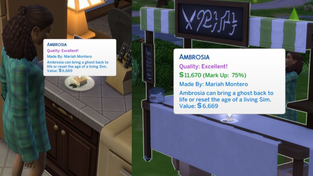 A screenshot from The Sims 4 showing an ambrosia with a 75% mark up at a food stand