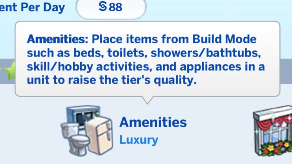 A screenshot from The Sims 4 showing the amenities description for rentals