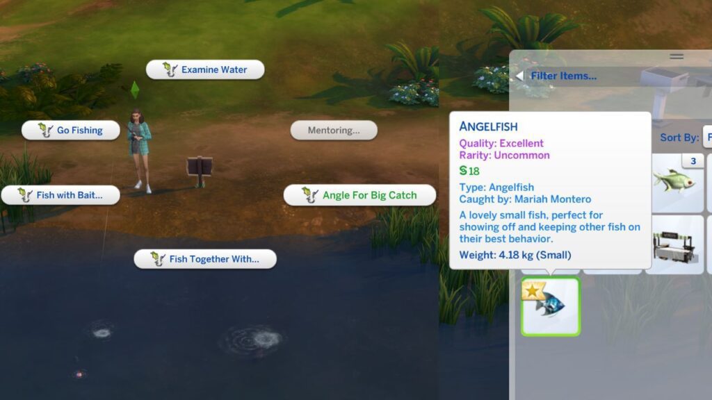 A screenshot from The Sims 4 showing how to get an angelfish