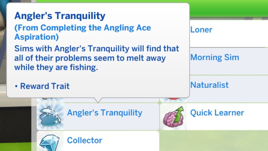 A screenshot from The Sims 4 showing the angler's tranquility reward trait