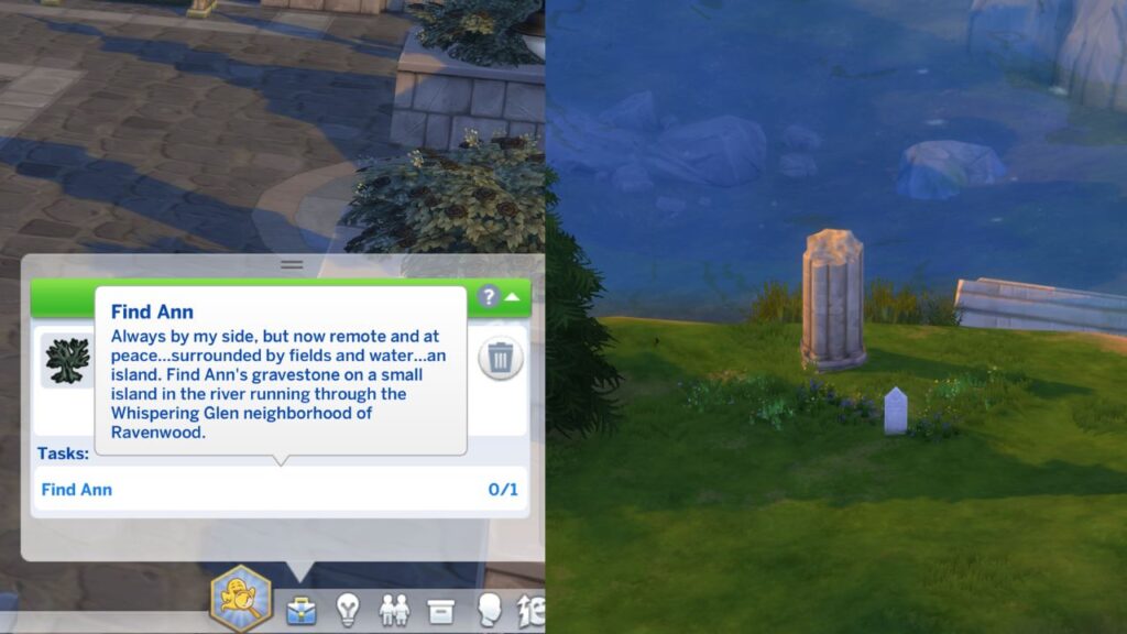 A screenshot from The Sims 4 showing where to find Ann's tombstone