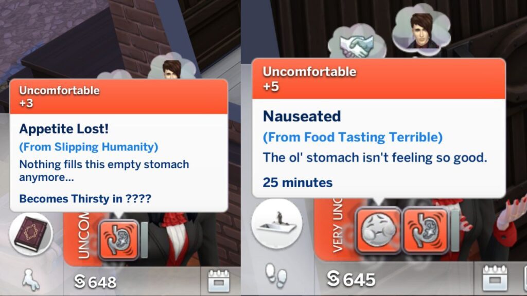 A screenshot from The Sims 4 showing moodlets you get from changing to a vampire
