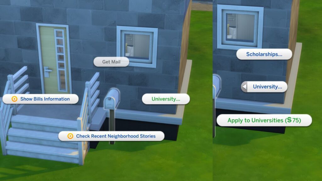 A screenshot from The Sims 4 showing how to apply to university for the academic aspiration