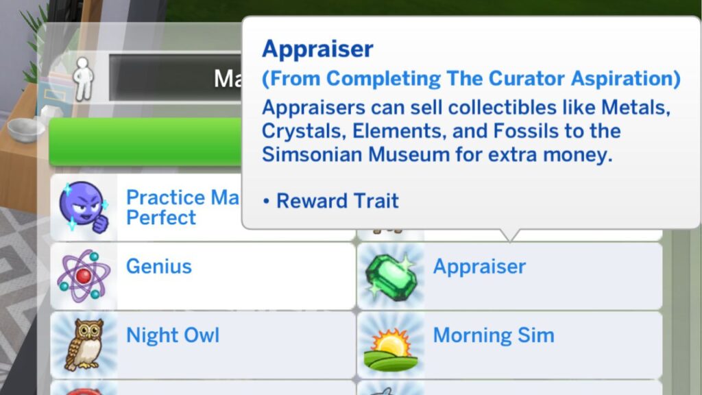 A screenshot from The Sims 4 showing the appraiser reward trait a sim gets when they finish the curator aspiration