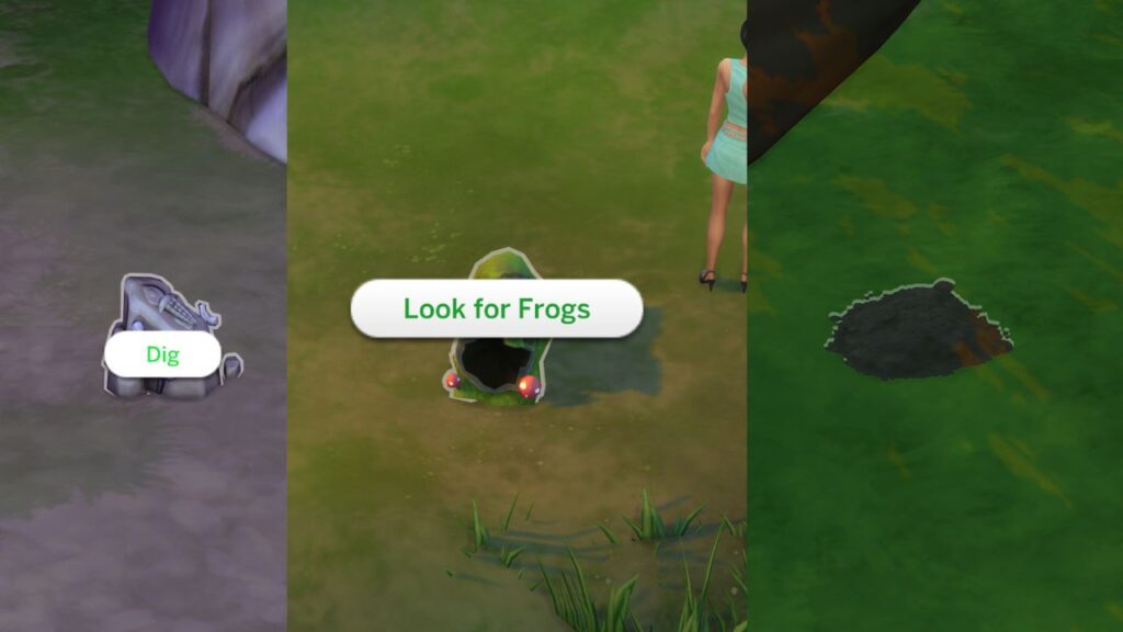 A screenshot from The Sims 4 showing how to dig rocks and look for frogs