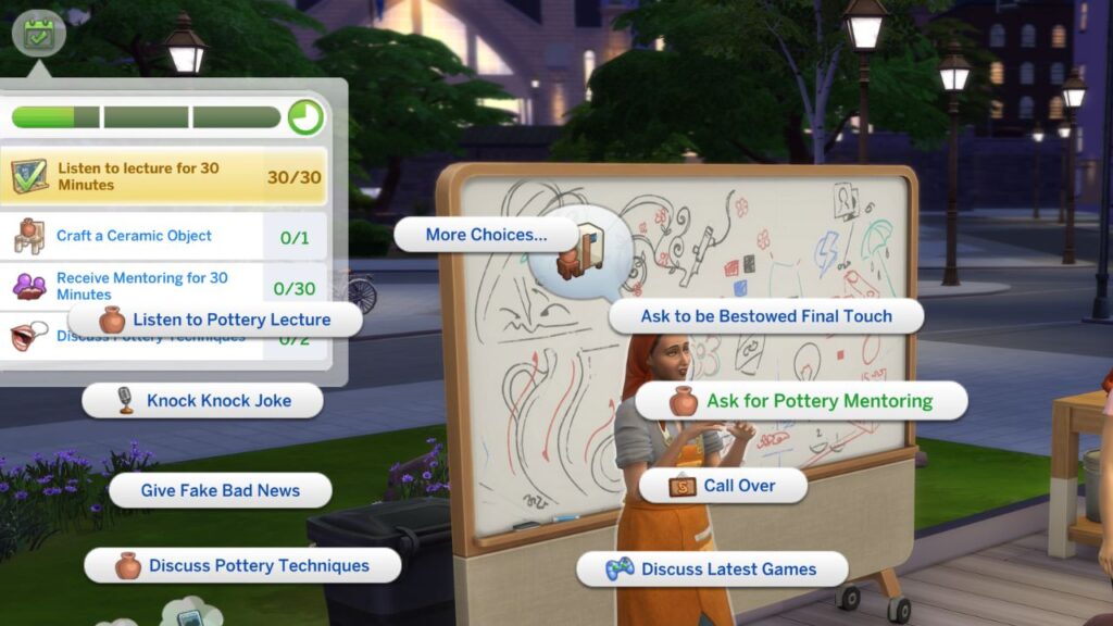 A screenshot from The Sims 4 showing a sim asking for pottery mentoring during a pottery class