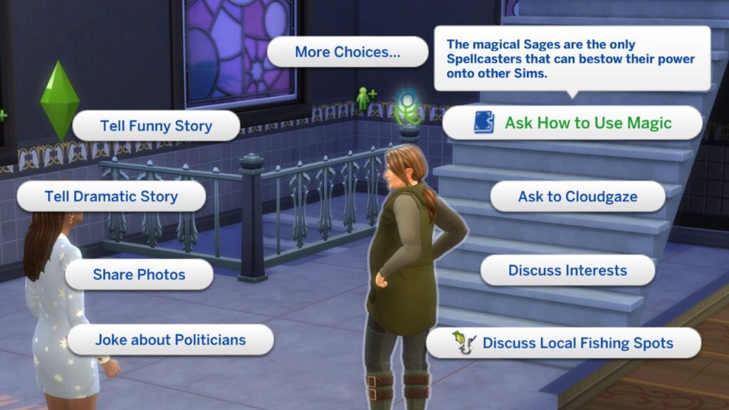 A screenshot from The Sims 4 showing the option to ask how to use magic with a sage