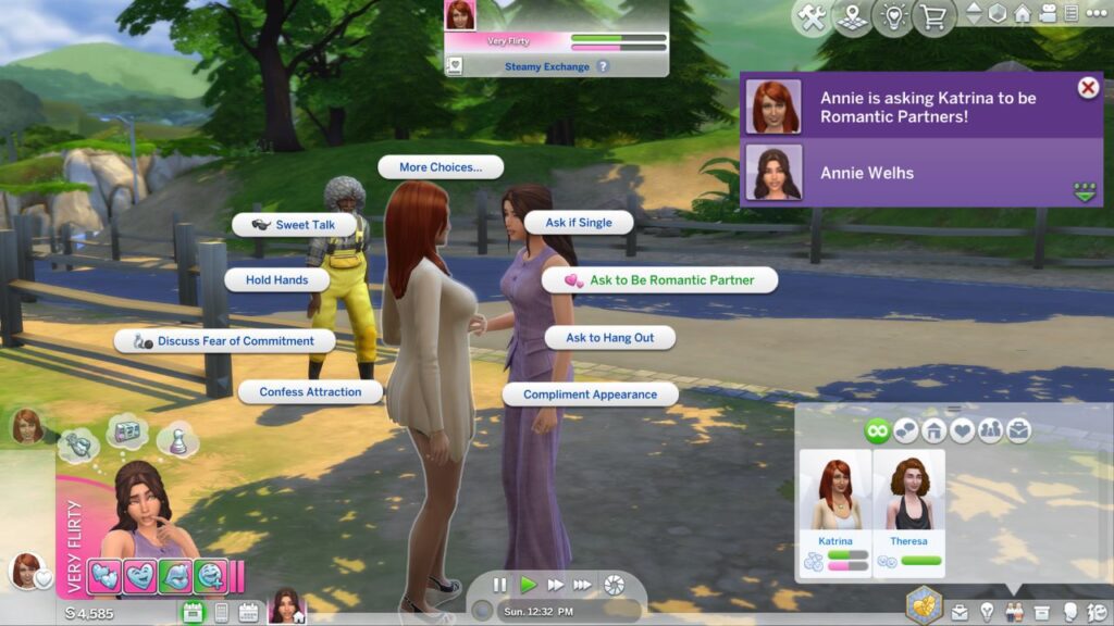 A screenshot from The Sims 4 showing the social menu with Ask to be romantic partner highlighted