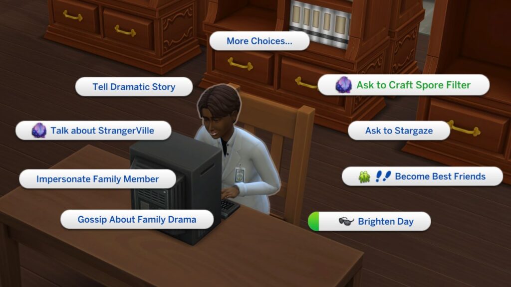 A screenshot from The Sims 4 showing how to ask a scientist to craft a spore filter 