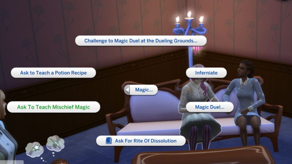 A screenshot from The Sims 4 showing the pink sage and the option to ask to teach mischief magic