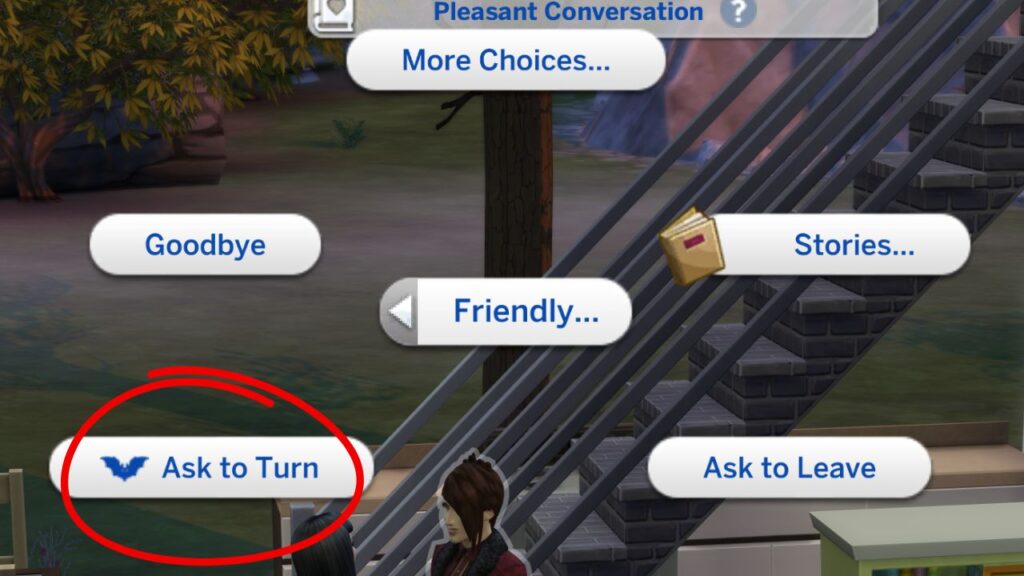 A screenshot from The Sims 4 showing the option to ask a vampire to turn your sim 