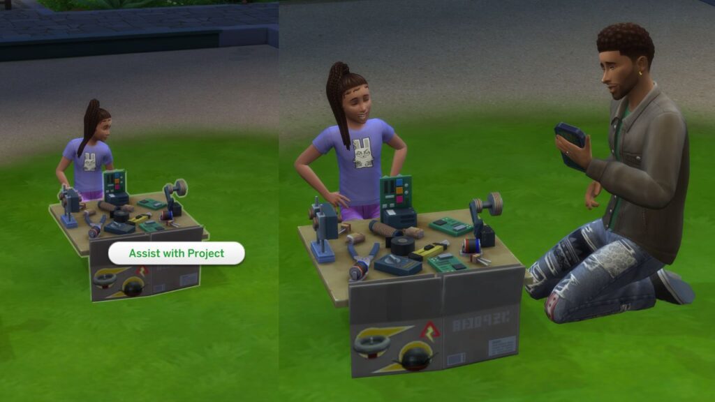 A screenshot from The Sims 4 showing how a sim can assist their child with projects
