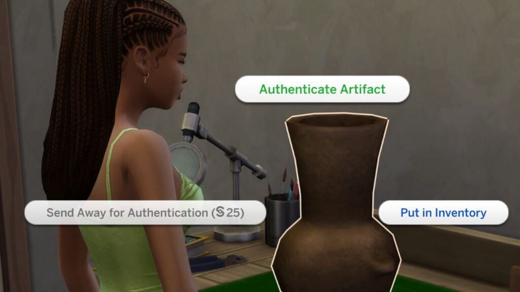 A screenshot from The Sims 4 showing how to authenticate artifacts on the archaeology table.