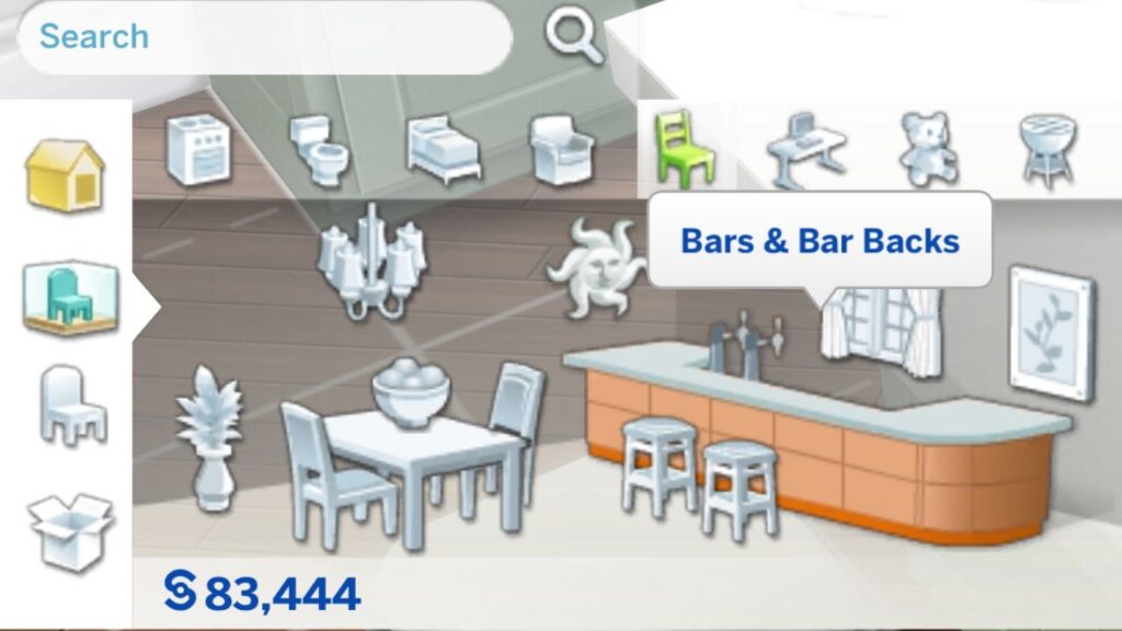 A screenshot from The Sims 4 showing where you can find bars and bar stools