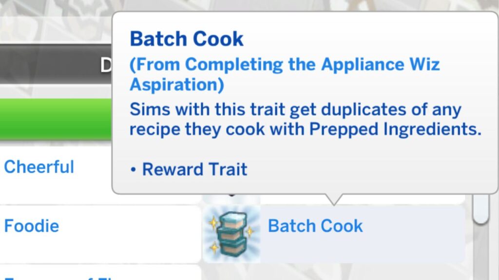 A screenshot from The Sims 4 showing the batch cook aspiration reward trait