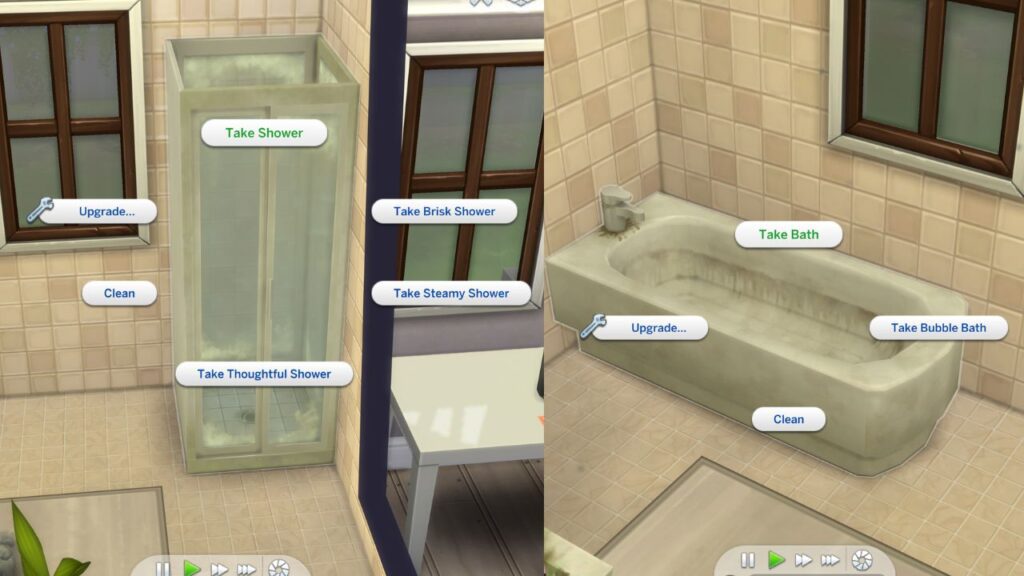 A screenshot from The Sims 4 showing the options to bathe in a dirty bath tub and shower