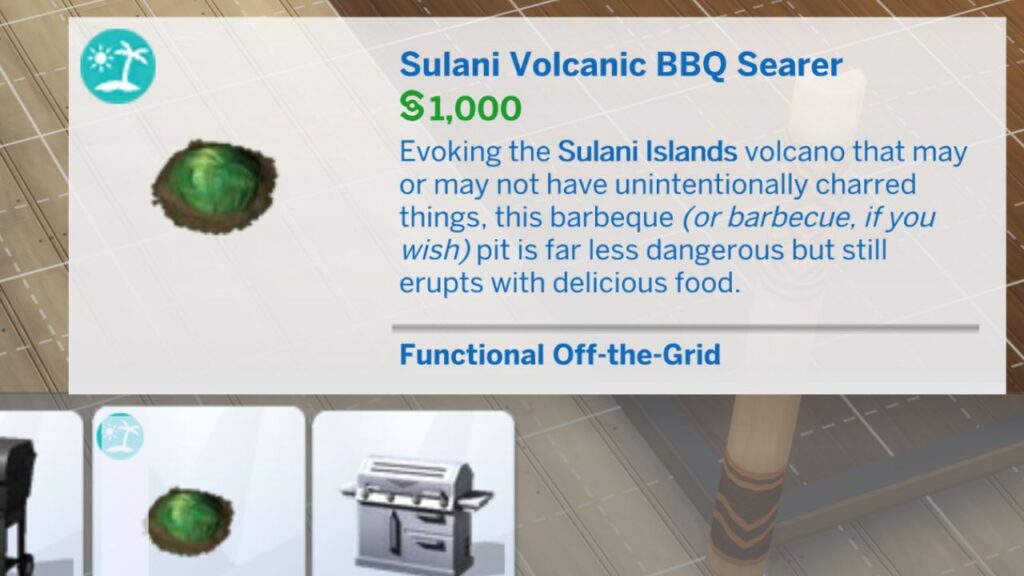 A screenshot from The Sims 4 showing the build mode listing for the Volcanic BBQ Searer