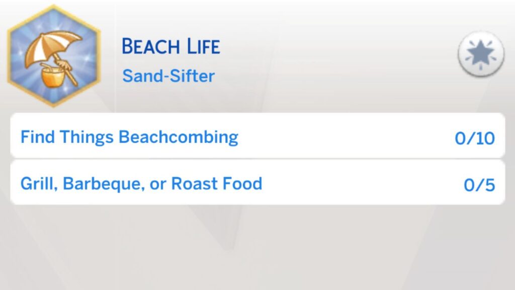 A screenshot from The Sims 4 showing the second stage of the beach life aspiration