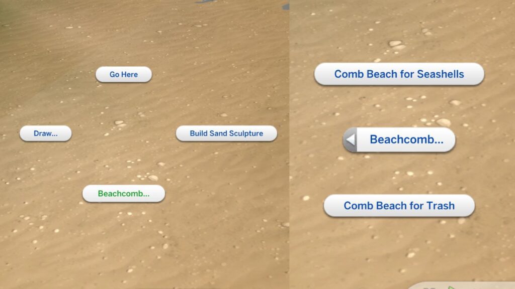 A screenshot from The Sims 4 showing how to beachcomb for sea shells