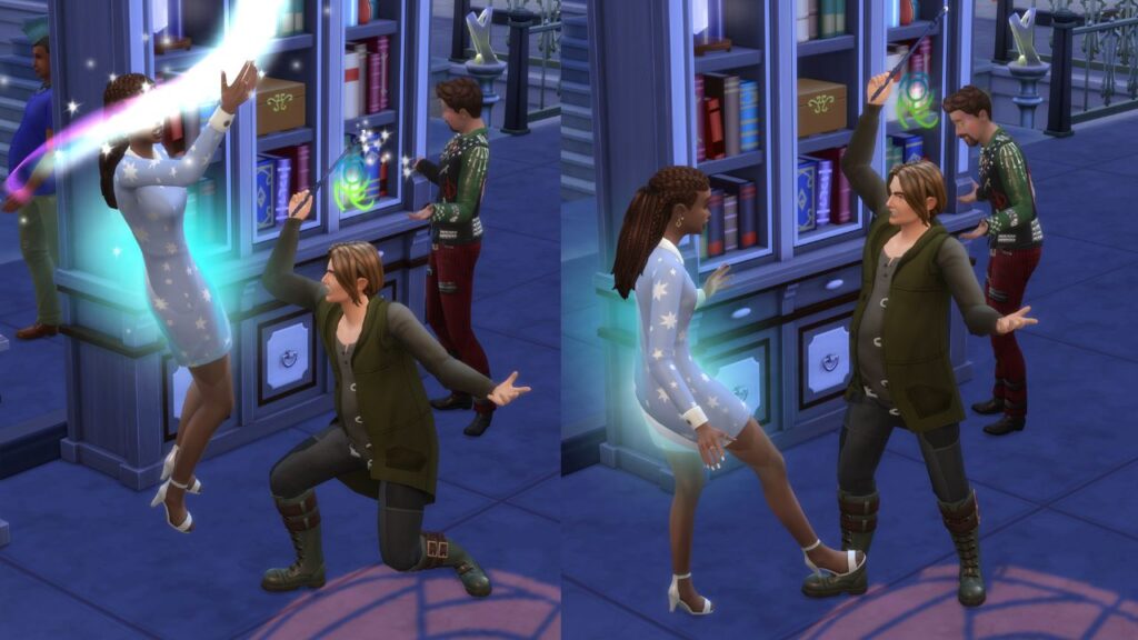 A screenshot from The Sims 4 showing a sage turning a sim into a spellcaster