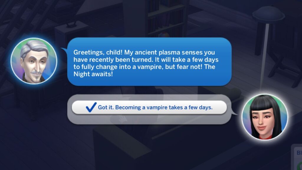 A screenshot from The Sims 4 showing the message you get from vlad when you start to become a vampire