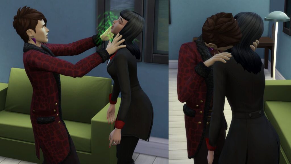 A screenshot from The Sims 4 showing a sim being bitten to become a vampire
