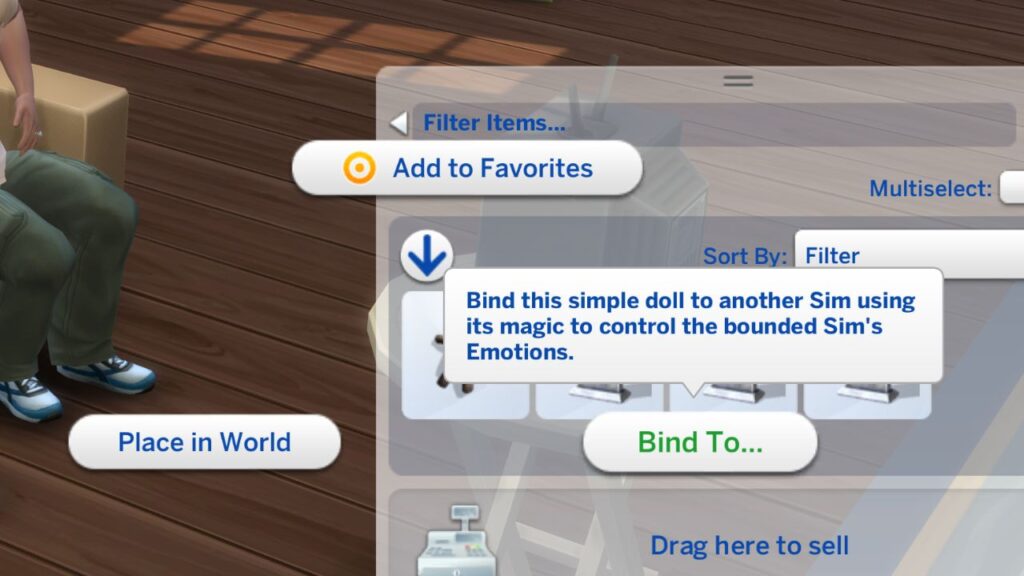 A screenshot from The Sims 4 showing the bind to interaction on a voodoo doll