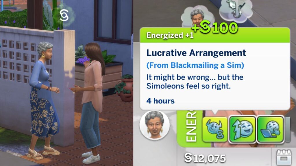A screenshot from The Sims 4 showing a sim black mailing another sim for their secret and the energized notification you get